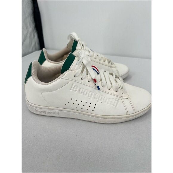 Le Coq Sportif Shoes - Le Coq Sportif White Sneakers with Green Heel Tab and Tricolor Lace Detail